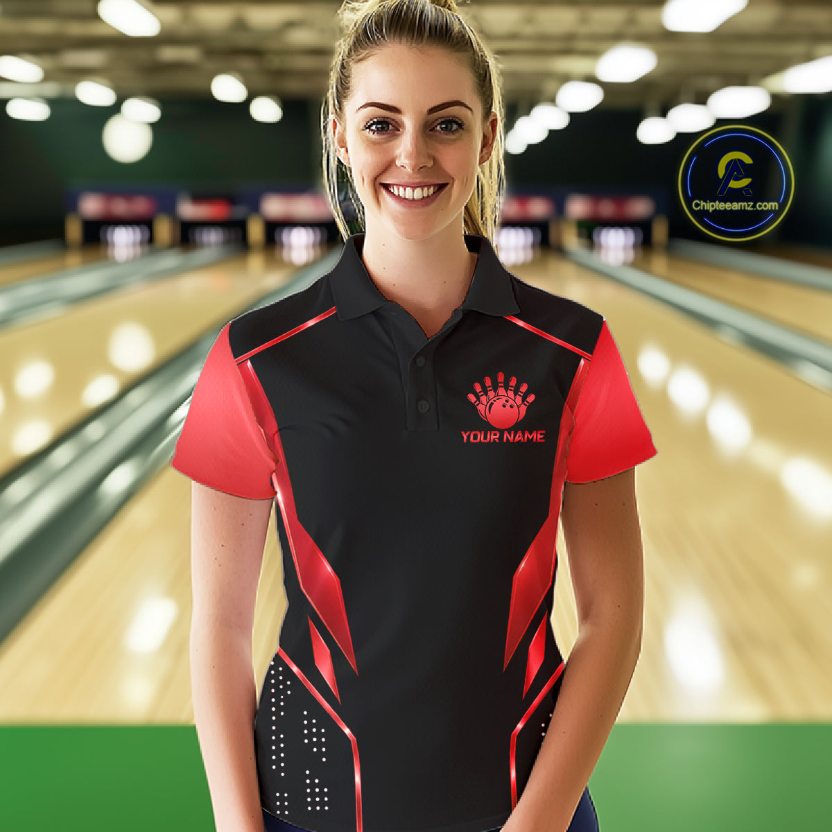 Black and Red Funny Bowling Ball Polo, Quarter Zip Shirts For Women Custom Bowling Team Jerseys NBT1086