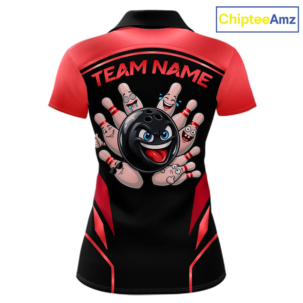 Black and Red Funny Bowling Ball Polo, Quarter Zip Shirts For Women Custom Bowling Team Jerseys NBT1086