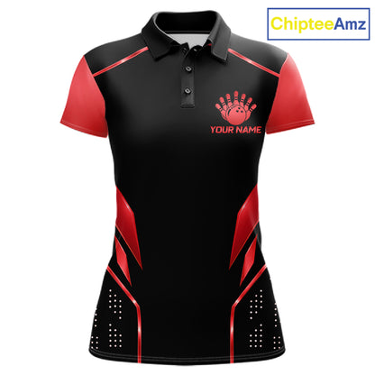 Black and Red Funny Bowling Ball Polo, Quarter Zip Shirts For Women Custom Bowling Team Jerseys NBT1086