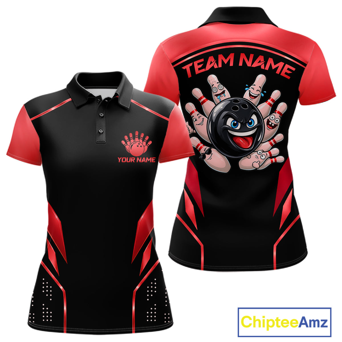 Black and Red Funny Bowling Ball Polo, Quarter Zip Shirts For Women Custom Bowling Team Jerseys NBT1086