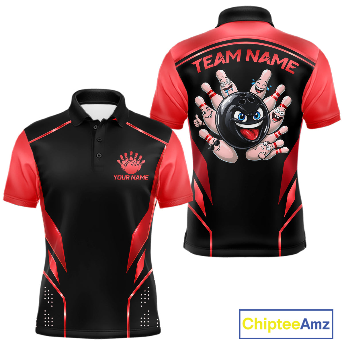 Black and Red Funny Bowling Ball Polo, Quarter Zip Shirts For Men Custom Bowling Team Jerseys NBT1086