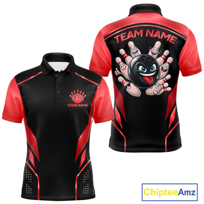 Black and Red Funny Bowling Ball Polo, Quarter Zip Shirts For Men Custom Bowling Team Jerseys NBT1086