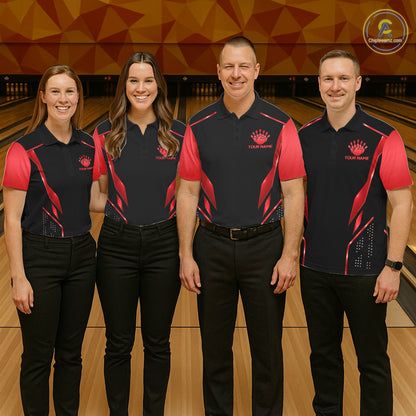 Black and Red Funny Bowling Ball Polo, Quarter Zip Shirts For Men Custom Bowling Team Jerseys NBT1086