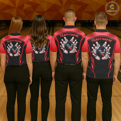 Black and Red Funny Bowling Ball Polo, Quarter Zip Shirts For Men Custom Bowling Team Jerseys NBT1086