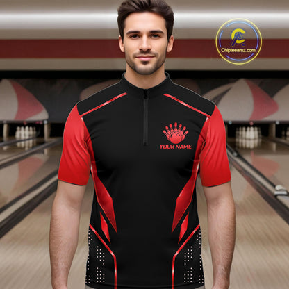 Black and Red Funny Bowling Ball Polo, Quarter Zip Shirts For Men Custom Bowling Team Jerseys NBT1086