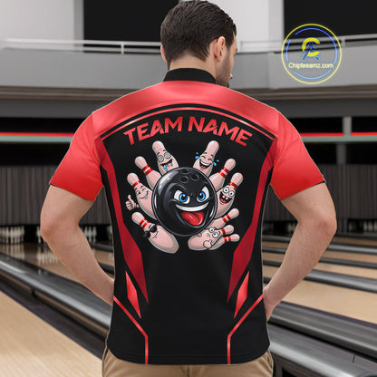 Black and Red Funny Bowling Ball Polo, Quarter Zip Shirts For Men Custom Bowling Team Jerseys NBT1086