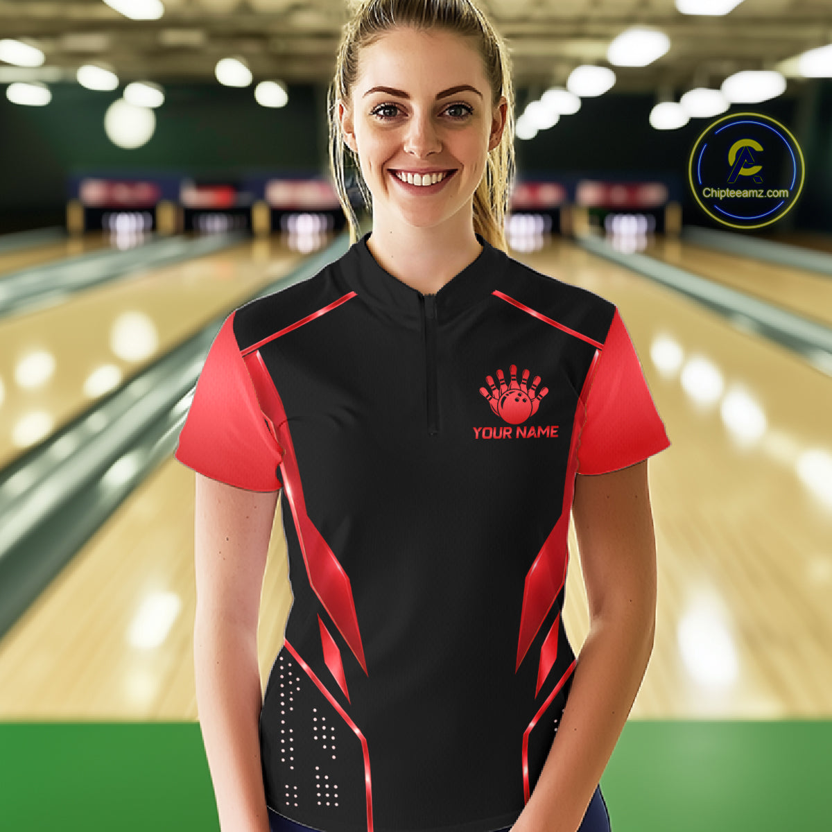 Black and Red Funny Bowling Ball Polo, Quarter Zip Shirts For Women Custom Bowling Team Jerseys NBT1086