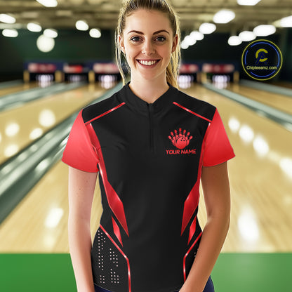 Black and Red Funny Bowling Ball Polo, Quarter Zip Shirts For Women Custom Bowling Team Jerseys NBT1086