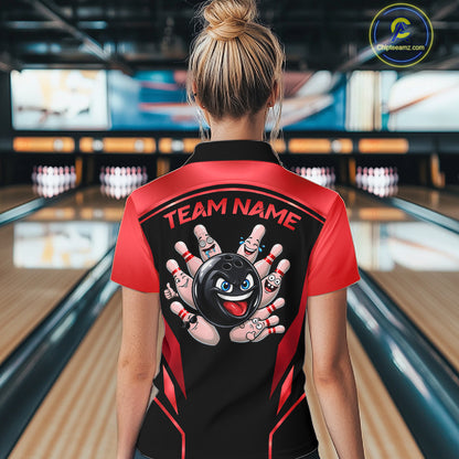 Black and Red Funny Bowling Ball Polo, Quarter Zip Shirts For Women Custom Bowling Team Jerseys NBT1086