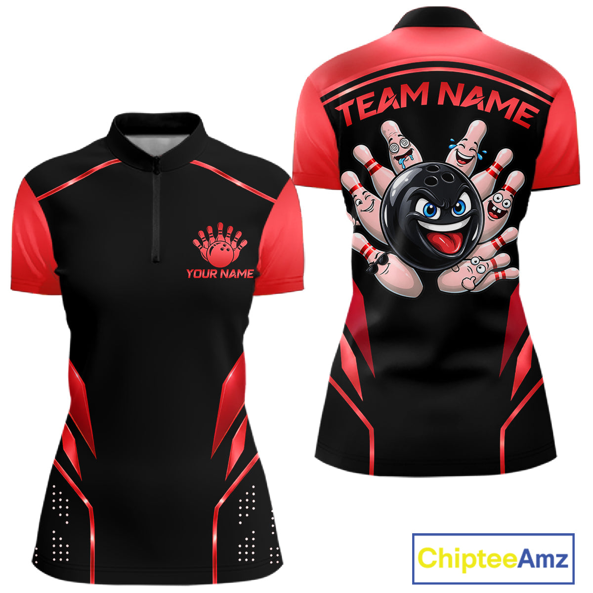 Black and Red Funny Bowling Ball Polo, Quarter Zip Shirts For Women Custom Bowling Team Jerseys NBT1086
