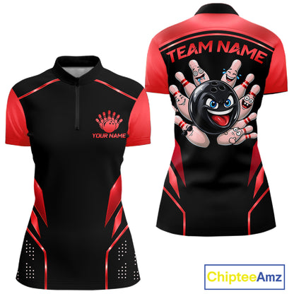 Black and Red Funny Bowling Ball Polo, Quarter Zip Shirts For Women Custom Bowling Team Jerseys NBT1086