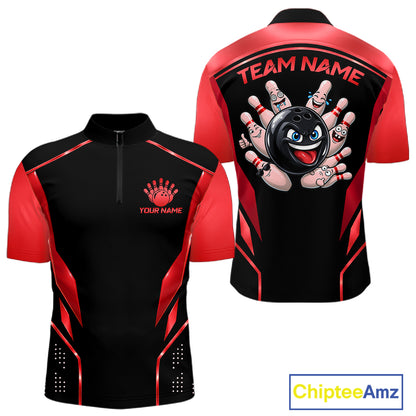 Black and Red Funny Bowling Ball Polo, Quarter Zip Shirts For Men Custom Bowling Team Jerseys NBT1086