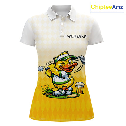 Funny Duck Golf Polo Shirt For Women, Cute Duck With Beer Print Shirt, Sporty Animal Golf Gift NBT516