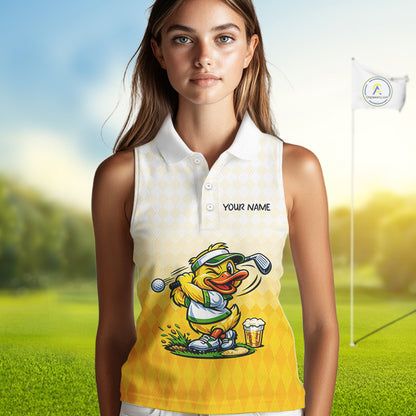 Funny Duck Sleeveless Golf Polo Shirt For Women, Cute Duck With Beer Print Shirt, Sporty Animal Golf Gift NBT516