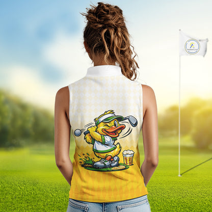 Funny Duck Sleeveless Golf Polo Shirt For Women, Cute Duck With Beer Print Shirt, Sporty Animal Golf Gift NBT516