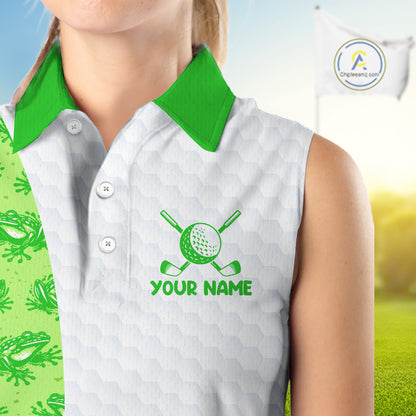 Funny Frog Green Womens Sleeveless Golf Polo Shirt Custom Women Golf Top, Personalized Golf Gifts NBT517