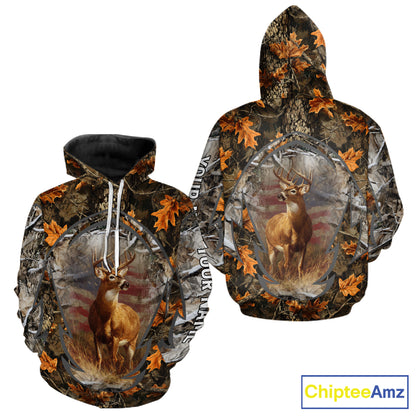 Deer Hunting Camo Hoodie American Flag Long Sleeve 3D Shirt Men Camo Hoodie NBT293
