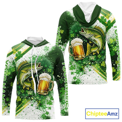 St Patrick Day Walleye Mens Long Sleeve Hooded Fishing Shirts UV Protetion, Walleye Fishing Shirts NBT384