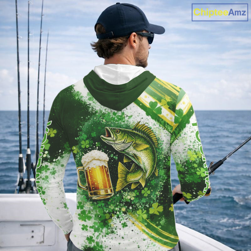 St Patrick Day Walleye Mens Long Sleeve Hooded Fishing Shirts UV Protetion, Walleye Fishing Shirts NBT384