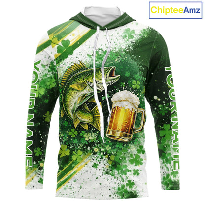 St Patrick Day Walleye Mens Long Sleeve Hooded Fishing Shirts UV Protetion, Walleye Fishing Shirts NBT384