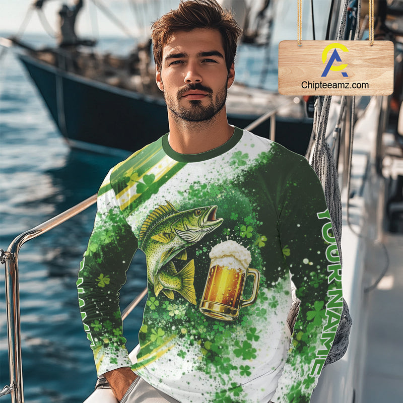 St Patrick Day Walleye Mens Long Sleeve Fishing Shirts UV Protetion, Walleye Fishing Shirts NBT384
