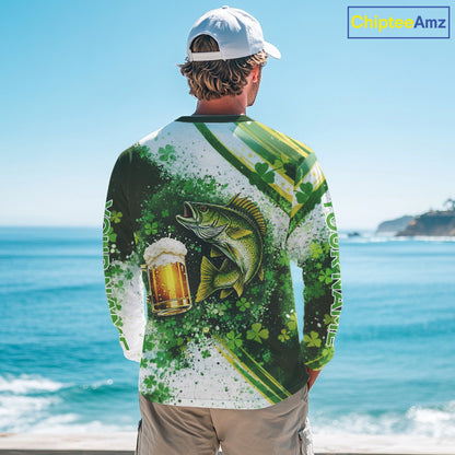 St Patrick Day Walleye Mens Long Sleeve Fishing Shirts UV Protetion, Walleye Fishing Shirts NBT384