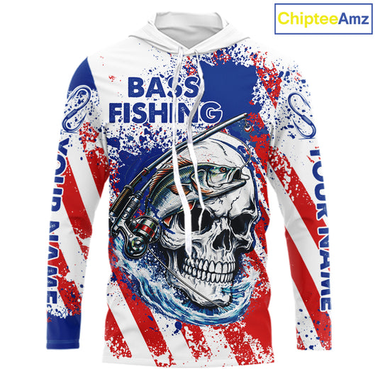 Custom American Flag Fishing Shirts Largemouth Bass Fishing Long Sleeve Hooded, Bass Fishing Shirts For Men NBT385