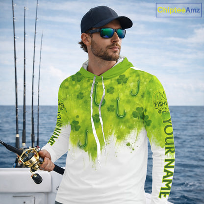 Personalized St Patrick's Day Shirts Fish Hook Long Sleeve Hooded Fishing Shirts, Mens Fishing Outfit NBT386