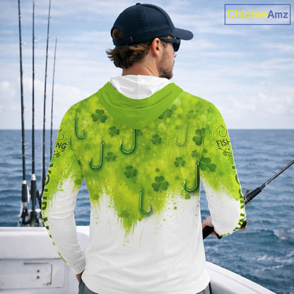 Personalized St Patrick's Day Shirts Fish Hook Long Sleeve Hooded Fishing Shirts, Mens Fishing Outfit NBT386