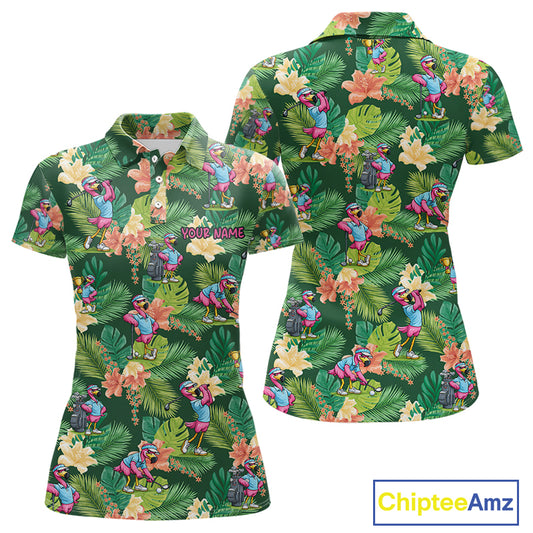 Funny Womens Golf Polo Shirt Custom Green Tropical Flower Flamingo Team Golf Shirts, Golf Gifts NBT660