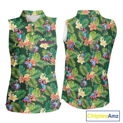 Funny Womens Sleeveless Golf Polo Shirt Custom Green Tropical Flower Flamingo Team Golf Shirts, Golf Gifts NBT660