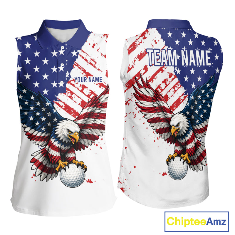 Sleeveless shirt with American flag design and eagle holding a golf ball, personalized with 'Your Name' and 'Team Name'.