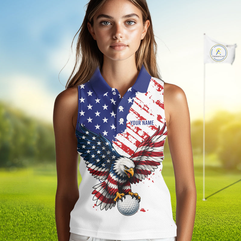Person wearing a sleeveless polo shirt with an eagle and American flag design on a golf course.