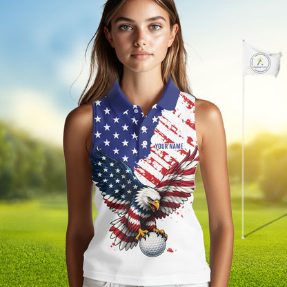 Person wearing a sleeveless polo shirt with an eagle and American flag design on a golf course.