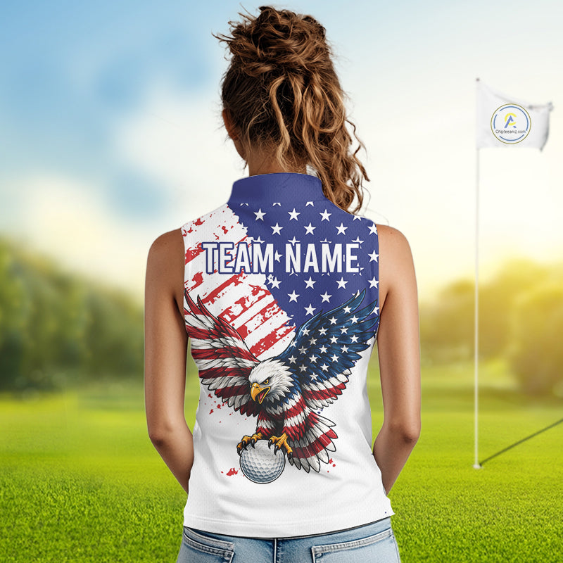 Woman wearing a sleeveless shirt with an eagle and golf ball design on a golf course.