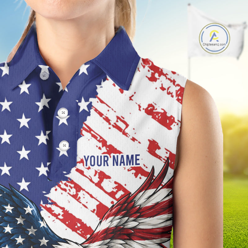 Person wearing a sleeveless shirt with American flag design and customizable text