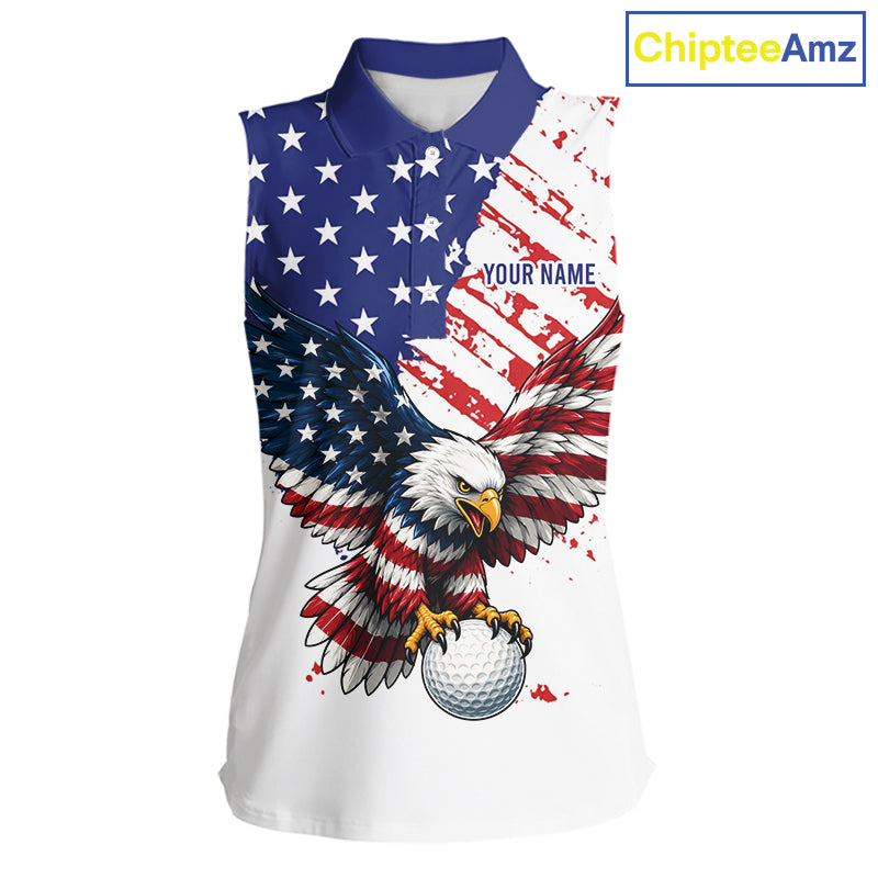 Sleeveless golf shirt with American flag and eagle design on a white background