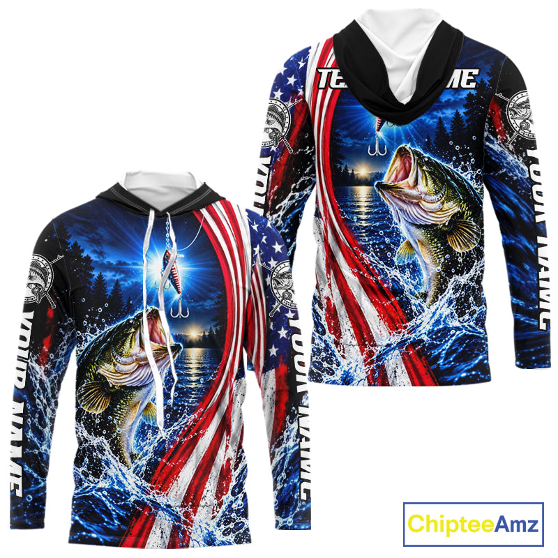 American Flag Bass Fishing Custom Long Sleeve Hooded Fishing Shirts For Men, Tournament Bass Fishing Jerseys NBT1218