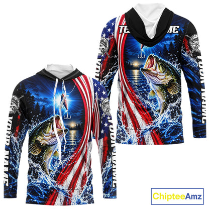 American Flag Bass Fishing Custom Long Sleeve Hooded Fishing Shirts For Men, Tournament Bass Fishing Jerseys NBT1218