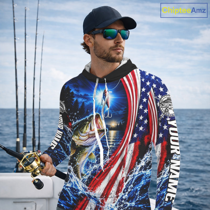 American Flag Bass Fishing Custom Long Sleeve Hooded Fishing Shirts For Men, Tournament Bass Fishing Jerseys NBT1218