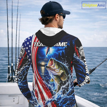 American Flag Bass Fishing Custom Long Sleeve Hooded Fishing Shirts For Men, Tournament Bass Fishing Jerseys NBT1218