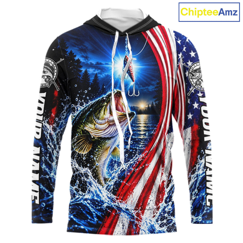 American Flag Bass Fishing Custom Long Sleeve Hooded Fishing Shirts For Men, Tournament Bass Fishing Jerseys NBT1218
