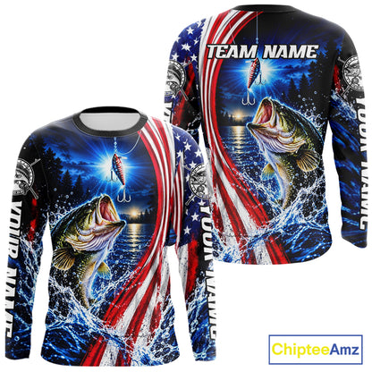 American Flag Bass Fishing Custom Long Sleeve Fishing Shirts For Men, Tournament Bass Fishing Jerseys NBT1218