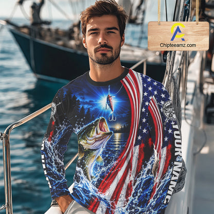 American Flag Bass Fishing Custom Long Sleeve Fishing Shirts For Men, Tournament Bass Fishing Jerseys NBT1218