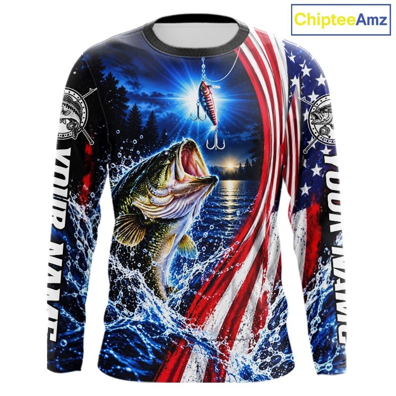 American Flag Bass Fishing Custom Long Sleeve Fishing Shirts For Men, Tournament Bass Fishing Jerseys NBT1218