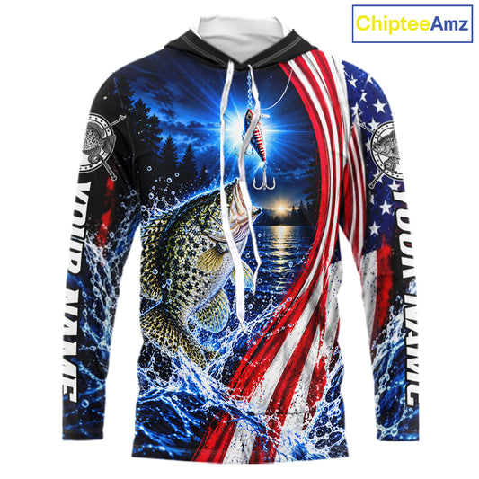 American Flag Crappie Fishing Custom Long Sleeve Hooded Fishing Shirts For Men, Tournament Crappie Fishing Jerseys NBT1219