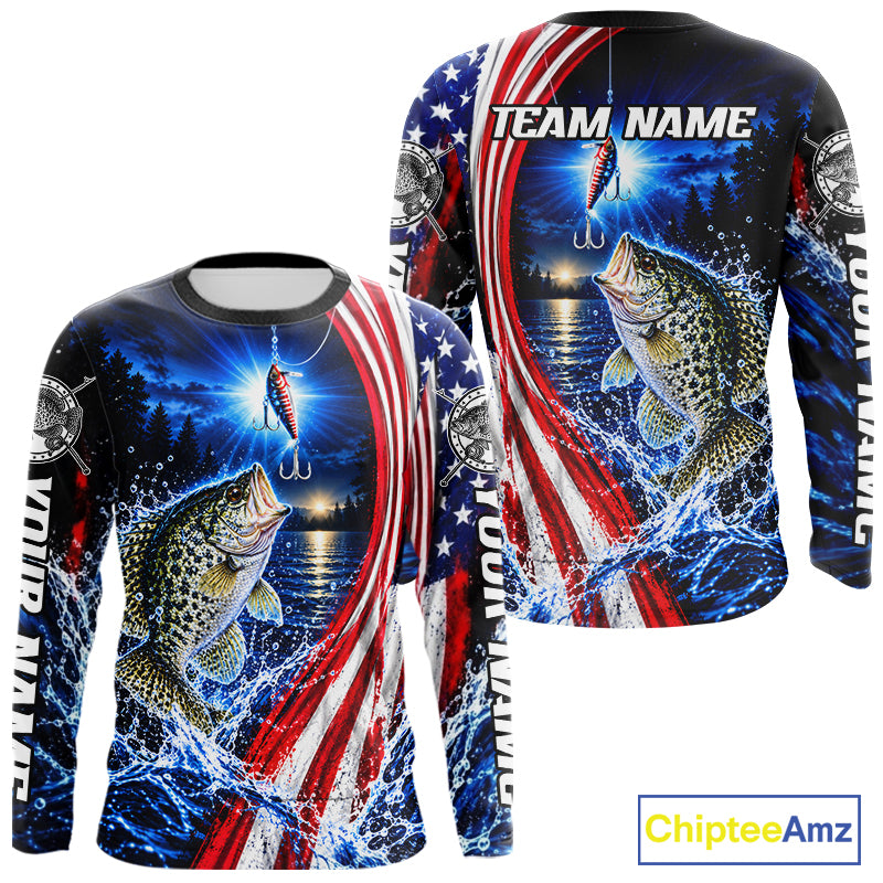 American Flag Crappie Fishing Custom Long Sleeve Fishing Shirts For Men, Tournament Crappie Fishing Jerseys NBT1219