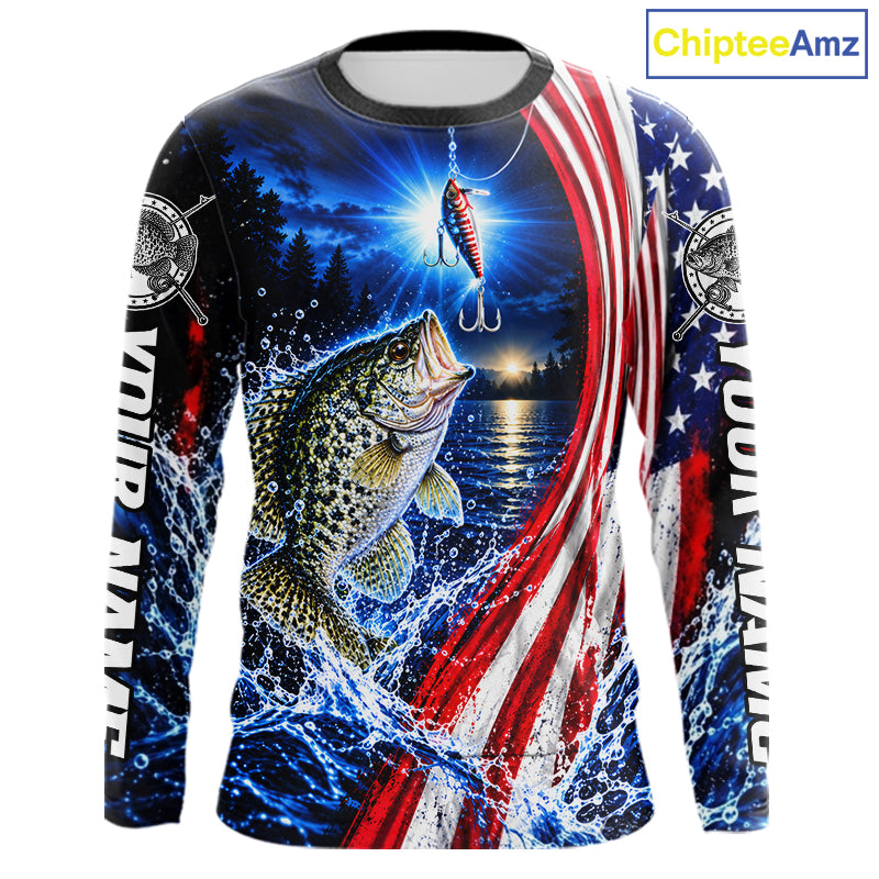 American Flag Crappie Fishing Custom Long Sleeve Fishing Shirts For Men, Tournament Crappie Fishing Jerseys NBT1219