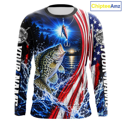 American Flag Crappie Fishing Custom Long Sleeve Fishing Shirts For Men, Tournament Crappie Fishing Jerseys NBT1219