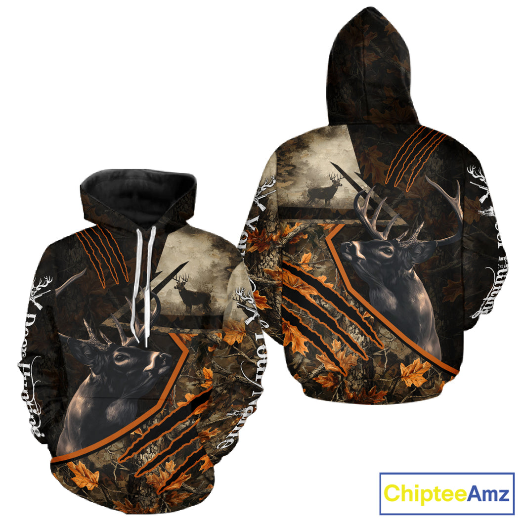 Whitetail Deer Hunting Clothes Custom Name Hoodie Autumn Leaves Camo Hunting Long Sleeve Shirt NBT298